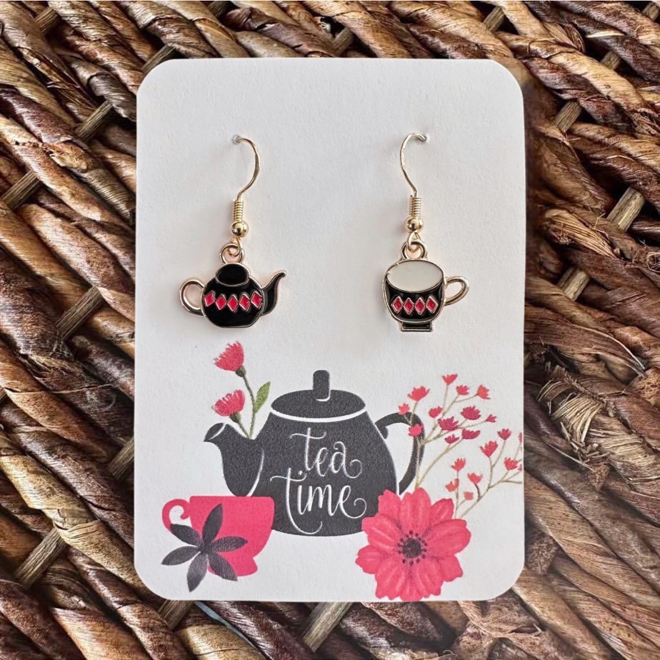 New Cute Handmade Black And Red Asymmetrical Teapot & Tea Cup Dangle Earrings